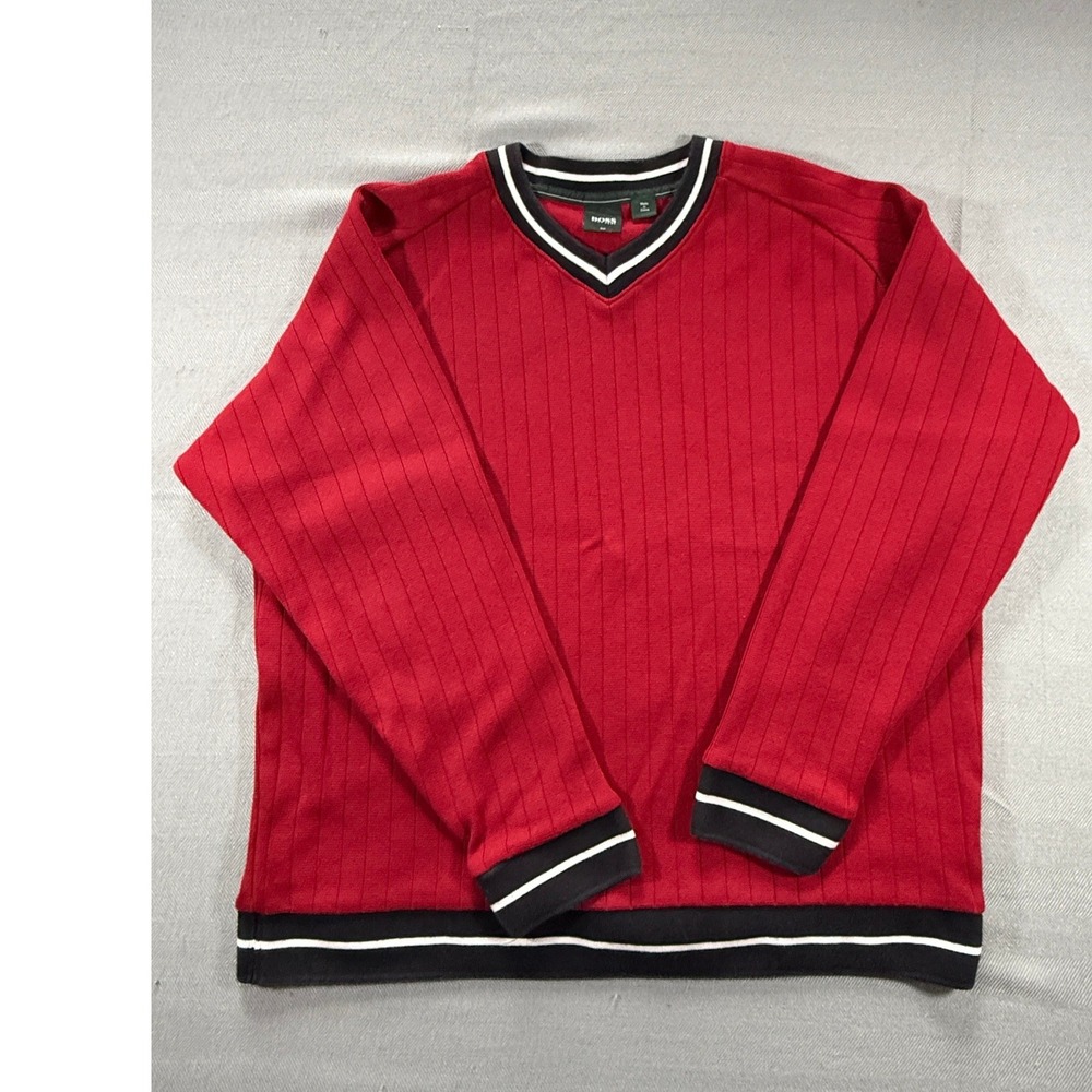Hugo Boss Golf Red Ribbed V-Neck Sweater Striped Trim Large CA23115 RN73616 1703